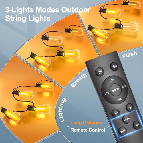 Outdoor String LED Patio Lights - 100Ft 30M Outside Waterproof Light with Remote Dimmable ST38 Shatterproof Bulb Connectab...