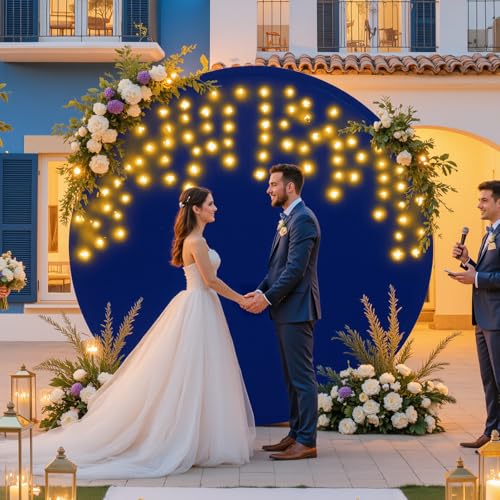 7.2 FT Navy Blue Round Backdrop Cover with Lights String for Circle Arch Stand Circle Backdrop Covers with LED Fairy Light...