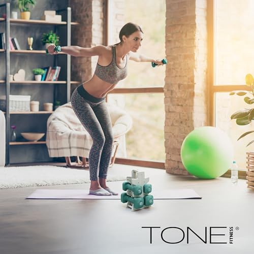 Tone Fitness Neoprene Dumbbell Set with Storage Rack – Non-Slip, Anti-Roll Hand Weights for Home Gym Workouts | 20 lb, 32 ...