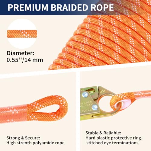 Meyoppm 50ft Vertical Lifeline Assembly, Heavy Duty Fall Protection Safety Rope with Rope Grab, Steel Snap Hooks & Shock A...