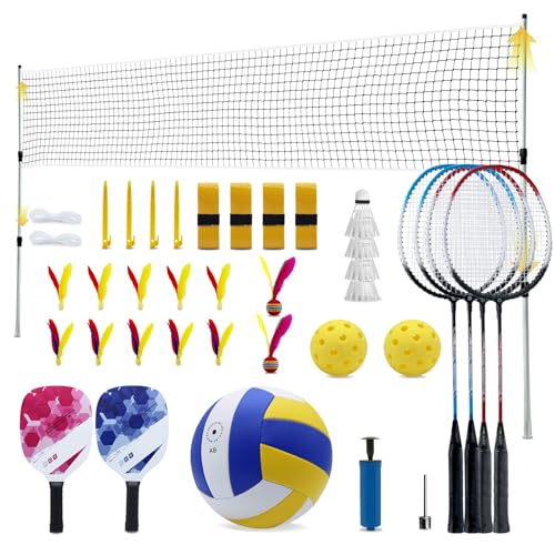ZHUOKECE Outdoor Volleyball and Badminton Combo Set, Official Size 5 Volleyballs and Badminton Rackets Set of 5 for Outdoo...