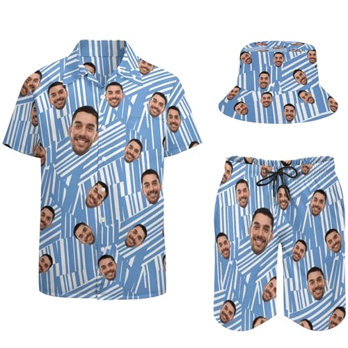 Personalized Men's Hawaiian Shirts and Shorts Set Custom 2-Piece Suits Button Down Shirt Outfit with Bucket Hats