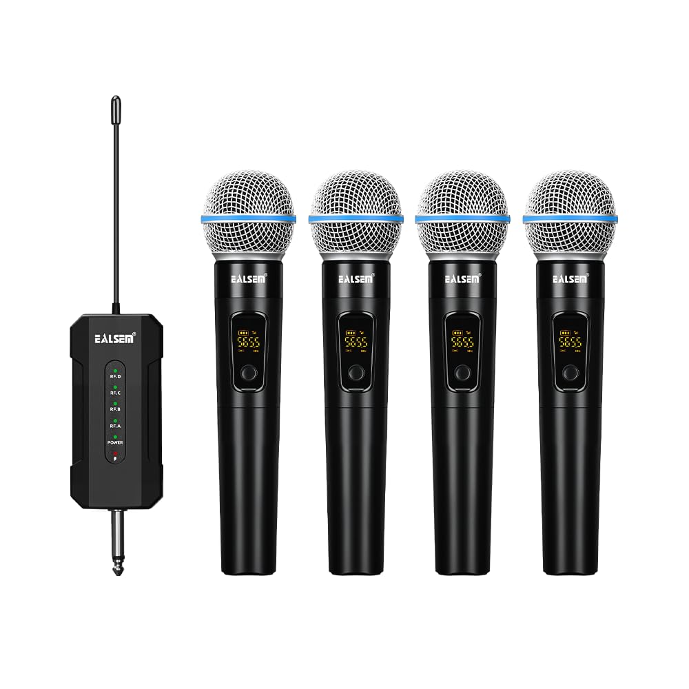Ealsem Es-384 4-Ch Uhf Wireless Handheld Microphone System - 164Ft Range, Rechargeable Receiver, Plug-And-Play For Karaoke & Liv