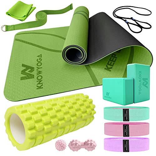 Yoga Starter Kit 12 in 1 - Set Include Mat, Foam Roller, 4 Resistance Bands, Blocks 2 Pack with Strap, 2 Peanut Massage Ba...