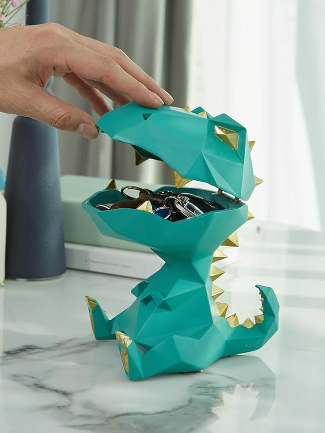 HAUCOZE Dinosaur Statue Candy Dish Key Bowl Dino Gifts Sculpture Modern Home Decor Accessories Pop Arts Polyresin Cookie Jar Green 7.5 inch