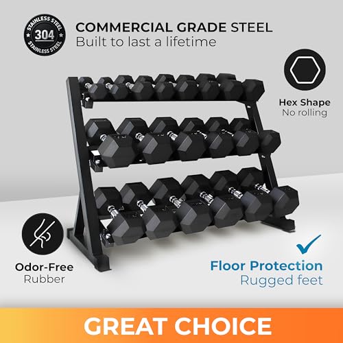 StrengthUSA Rubber Hex Dumbbell Set with Rack, 8/10/12/15/20 Pair (450/550/780/1200/1550/2100 lbs total) Weight Rack with ...