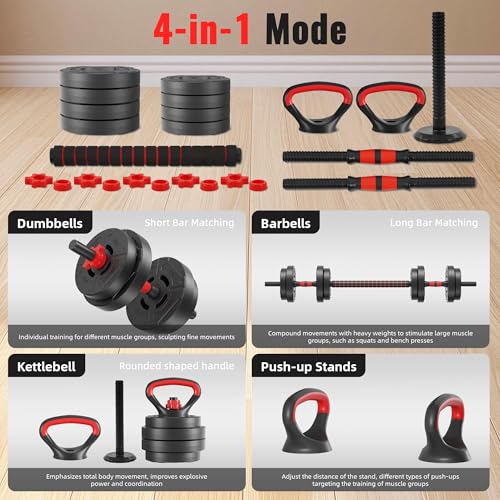 Fitvids Multi-Functional Changeable Dumbbell and Barbell Kettlebell Set with Adjustable Weights, 40LBS, 4 in 1