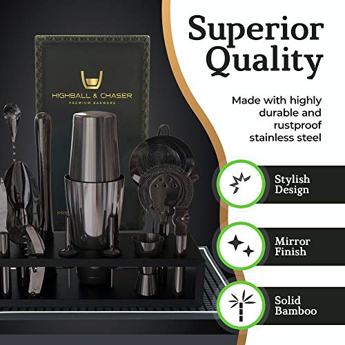 Highball & Chaser 13-Piece Gunmetal Black Stainless Steel Boston Cocktail Shaker Bar Tool Set with Mixology Bartender Kit ...
