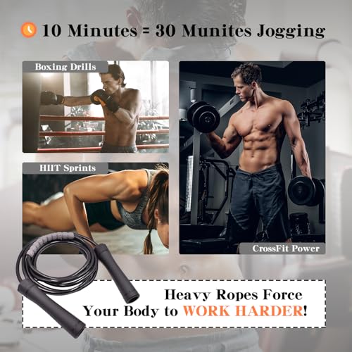 FEELCAT Weighted Jump Rope for Workout Fitness(1.1LB), 10MM Solid PVC Rope,Tangle-Free Ball Bearing Rapid Speed Skipping R...