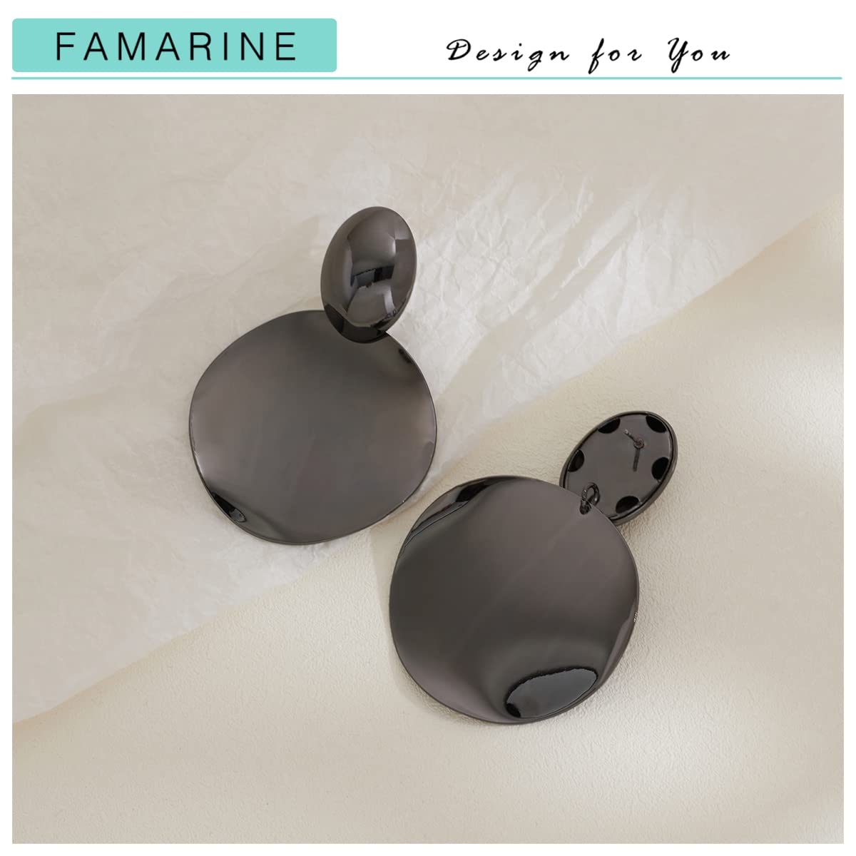 FAMARINE Black Big Disc Statement Earrings Smooth Round Hammered Dangle Earrings for Women Earrings Fashion Jewelry
