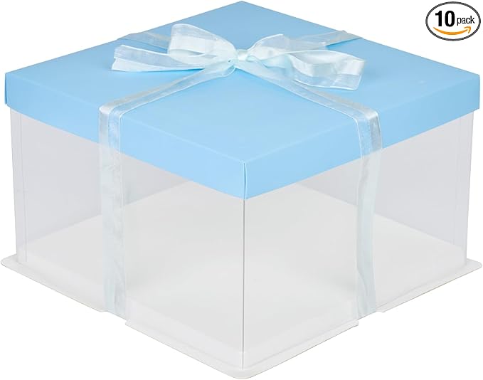 Restaurantware-Sweet Vision 10 Inch x 8.25 Inch Transparent Cake Boxes, 10 Grease Resistant Base Clear Cake Boxes - Blue Lid, Blue Ribbon, Plastic Birthday Box, For Weddings Or Birthdays