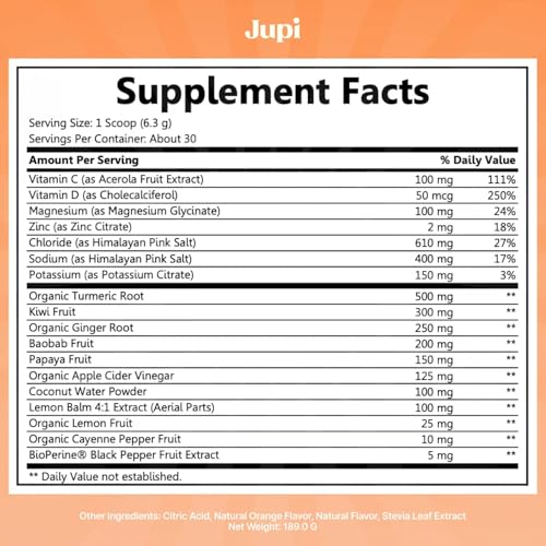 Jupi Hydration & Wellness Powder – Turmeric & Ginger shots, Vitamin C Supplement for Energy, Immune Support & Digestive He...