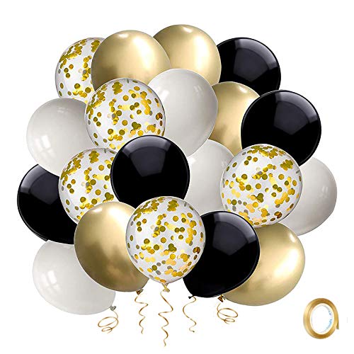 Black and Gold Confetti Balloons, 50 Pack 12inch White Latex Party Balloon Set with Gold Ribbon for New Year Graduation Bi...