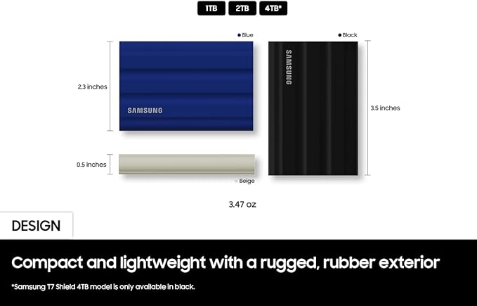 SAMSUNG T7 Shield 1TB, Portable SSD, up to 1050MB/s, USB 3.2 Gen2, Rugged, IP65 Rated, for Photographers, Content Creators and Gaming , External Solid State Drive (MU-PE1T0R/AM, 2022), Blue