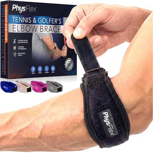PhysFlex 2-Pack Elbow Brace for Men & Women, Adjustable Tennis & Golfer's Elbow Support Strap for Tendonitis Pain Relief -...