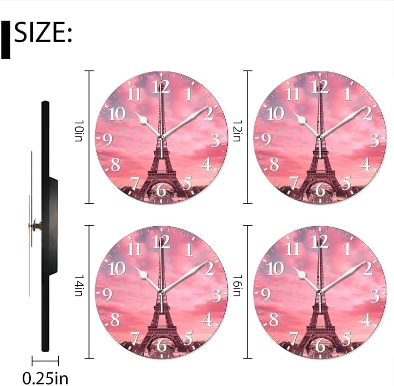 Paris Wall Clock Non-Ticking Silent Clocks Battery Operated Analog Decor Clock for Home-Eiffel Tower with Pink Sky and Pink Clouds(10inch)