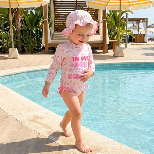 Beautooly Birthday Girl Swimsuit Rash Guard Letter Print Long Sleeve Crew Neck Bathing Suit with Swim Cap