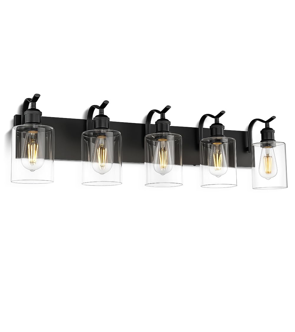 Jazava 5 Light Bathroom Vanity Light  Black Light Fixture Morden Bathroom Lighting Fixtures Over Mirror Black Wall Sconces With Clear Glass Shade Zcvl01Bk-5