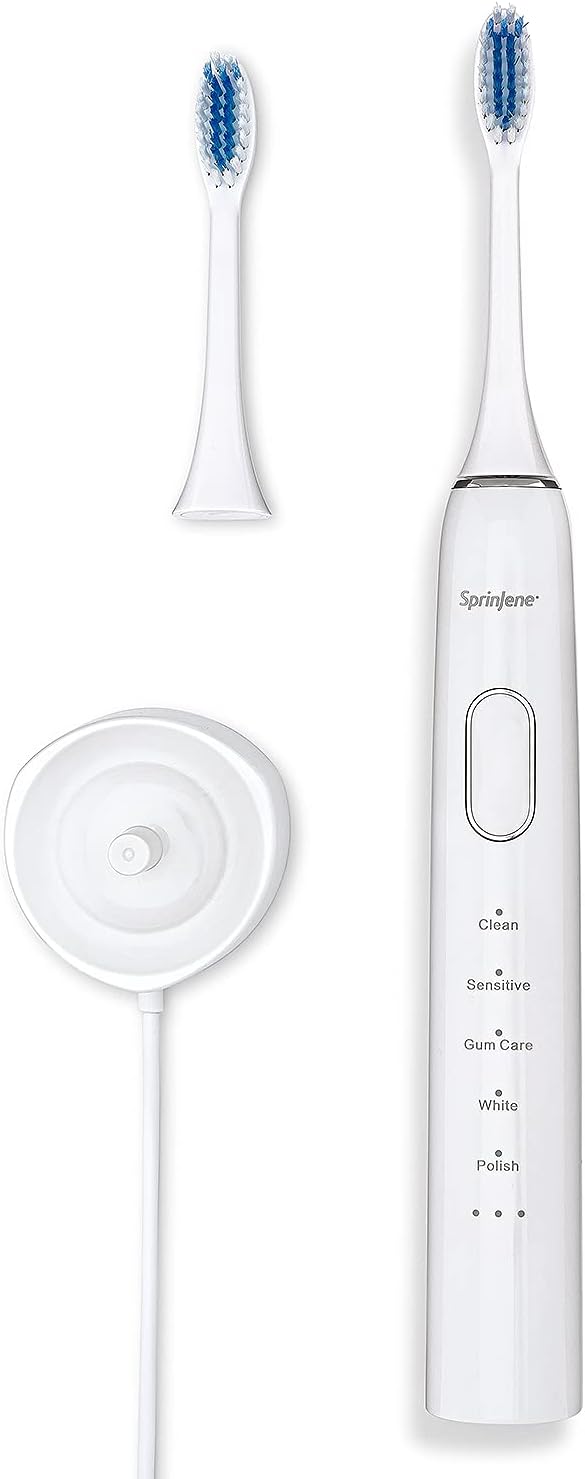SprinJene Natural Sensitivity Relief, Fluoride Toothpaste for Sensitive Teeth & Gum (1 Pack) + Electric Toothbrush with Wireless Charger & 2 Replacement Heads