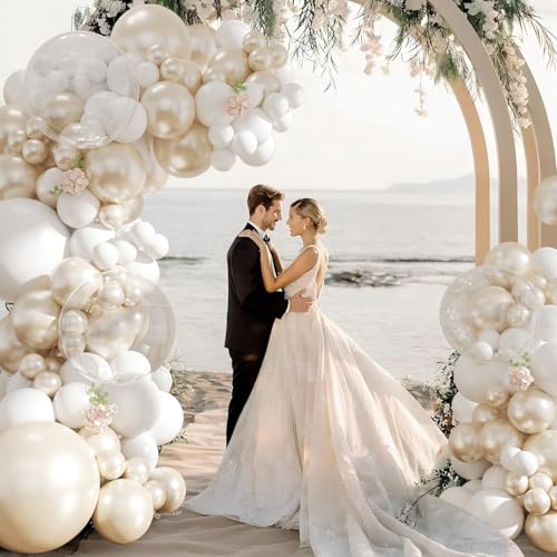 White Balloon Arch Garland Kit 103Pcs Double Stuffed Pearl White Clear Balloons Different Size for Wedding Birthday Baby S...
