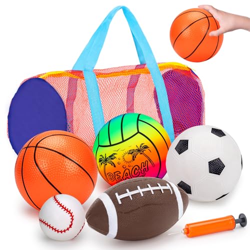 5 Pack Sports Balls Set for Kids with Bag Toddlers 1-3 Football Soccer Basketball Baseball Volleyball Outdoor Toys for 1 2...