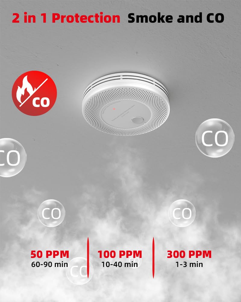 KIMROG 10-Year Sealed Battery 2-in-1 Smoke & Carbon Monoxide Detector Alarm | Home/Garage Combo CO & Smoke Alarm Detector with LED Warning Light Indicators & V-0 Flame-Retardant Housing(1-Pack)