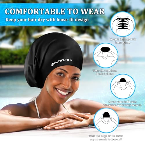 Extra Large Silicone Swim Cap for Long Hair and Protective Styles–Waterproof Swimming Cap for Men and Women with Dreadlock...