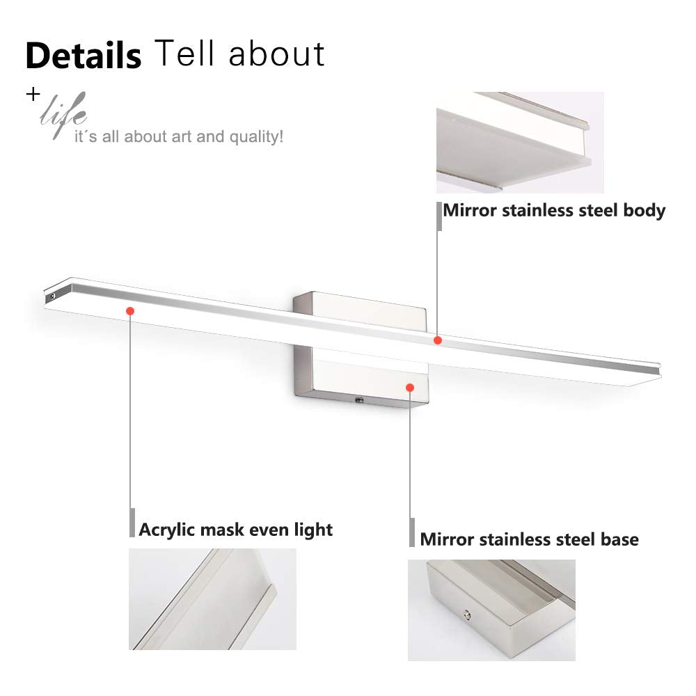 Brivolart Modern Vanity Light Bar 16W Chrome 32 Metal Led Fixture For Bathroom & Bedroom, Model 6420, 6000K