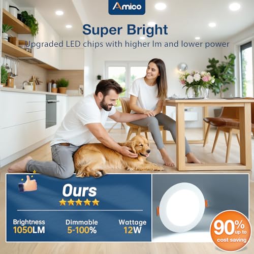 Amico 24 Pack 6 Inch 5CCT Ultra-Thin LED Recessed Ceiling Light with Junction Box, 1050LM Brightness, Dimmable Canless Waf...
