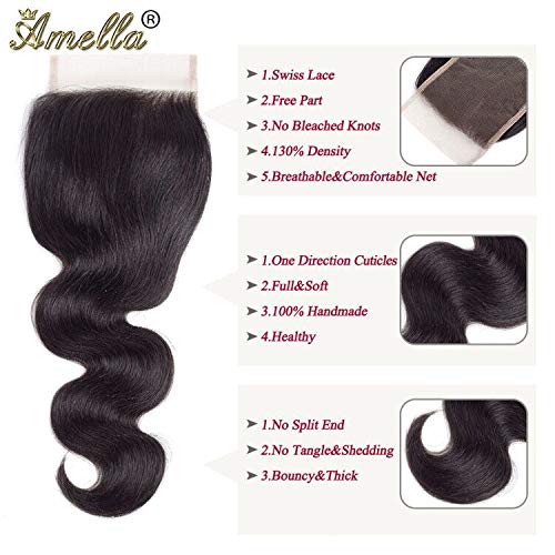 Amella Hair 8A Unprocessed Brazilian Body Wave Bundles with Closure (16 18 20 +16Closure,Natural Black Color) Virgin Brazilian H