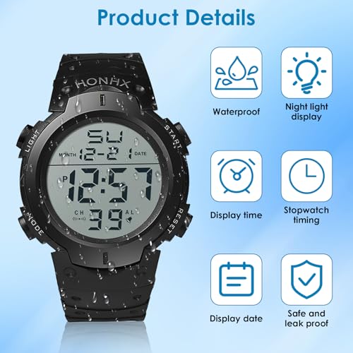 YUEWEESER Mens Digital Sports Watch Women Waterproof Wrist Watches with Large LED Backlight Screen Alarm Date Display for ...