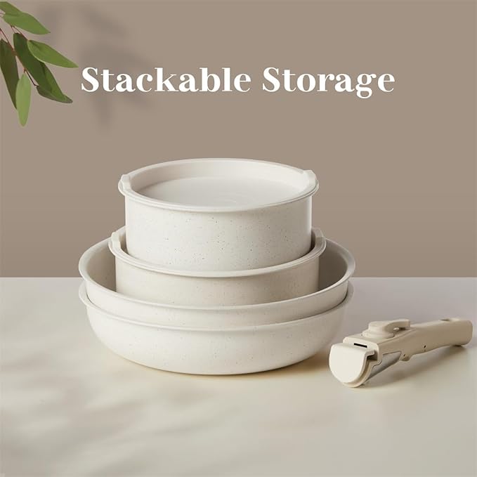 12 Pcs Pots and Pans Set, Nonstick Kitchen Cookware Sets Detachable Handle, Induction Healthy Non Stick RV Cookware, Dishwasher ＆ Oven Safe, Beige