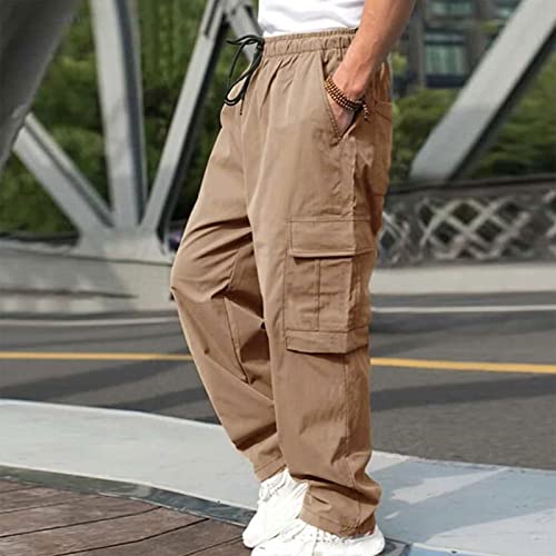 Men's Fashion Cargo Pants Solid Casual Drawstring Outdoor Hiking Pants Elastic Waisted Straight Leg Work Trousers with Pocket