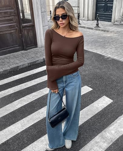 TITOMD Women's Bell Long Sleeve Shirts 2026 Spring Boat Neck Crop Going Out Trendy Tops Ribbed Ruched Y2K Clothes