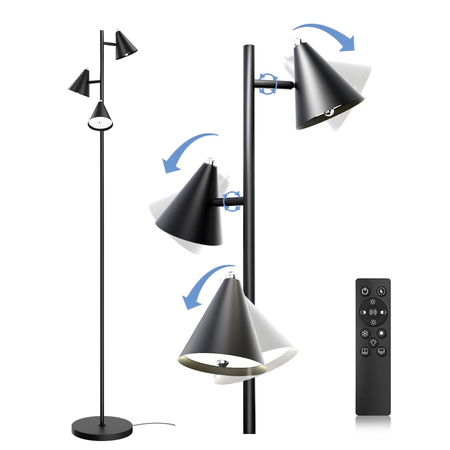 KimYan Floor Lamp with Remote, Dimmable 3 LED Lights, 5 Color Temperatures, 63in Small, Black, Model FL1