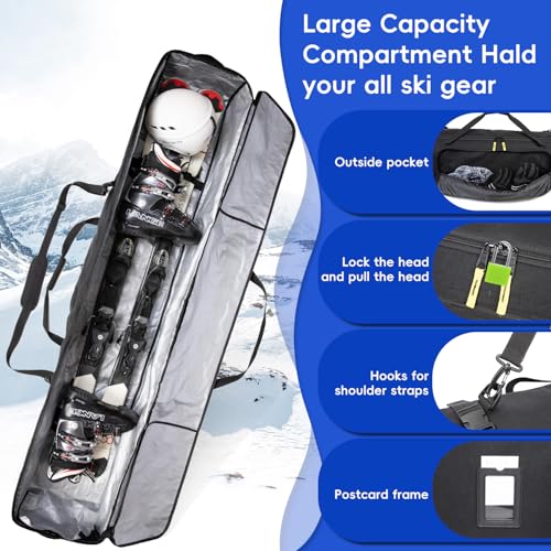 Kioqiear Rolling Ski Bag with Wheels for Air Travel,Padded Double Ski Bag to Hold 2 Pairs of Skis up to 175 or 190 cm.