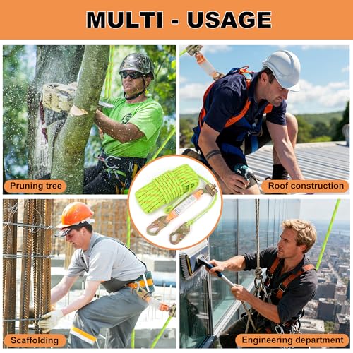 Rope Harness Safety Lanyard 50FT Fall Protection Vertical Roofing Rope with Grab Snap Hooks Shock Absorber Safety Ropes Tr...