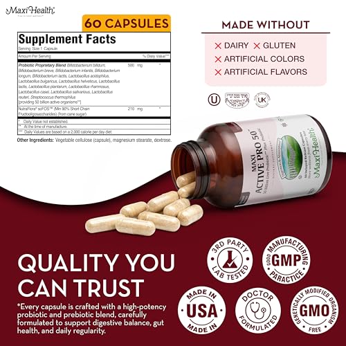 Maxi Health Probiotic Plus Ultimate Prebiotic Advanced Live Probiotics Formula - 50 Billion Live Active Probiotic - 15 Str...