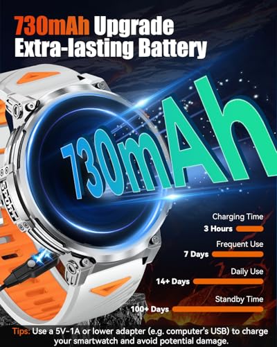 PODOEIL 1.85" Big Screen Military Smart Watch for Men with Flashlight, 730mAh Large Battery, IP68 Waterproof, Bluetooth Ca...