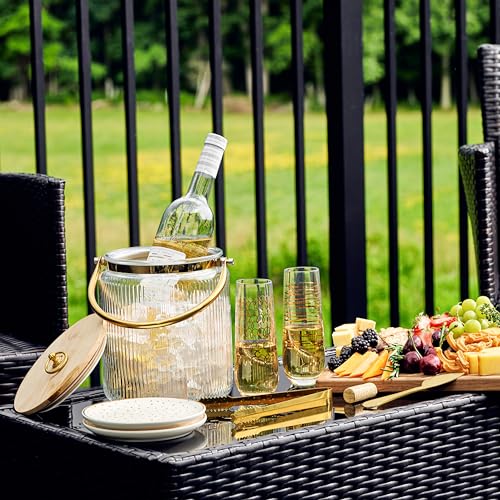 Le'raze Glass Ice Bucket with Airtight Lid, Tong Scooper and Handle - 3L Ribbed Beverage Tub Cocktail Home Bar Accessorie...