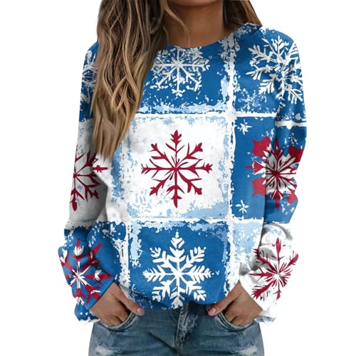 Christmas Sweatshirts For Women Funny Holiday T Shirts Long Sleeve Snowflake Funny Cute Pullover Sweatshirts Xmas Tree