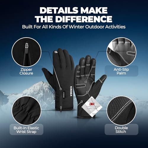 krosa 5-Layer Winter Gloves for Men & Women Made with 3M Thinsulate, -10℉ Waterproof Work Gloves for Cold Weather, Snow Sk...