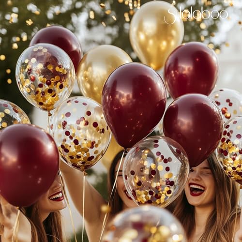 Sulalaboo Metallic Burgundy and Gold Balloons 12 Inch 73PCS Gold Maroon Confetti Latex Balloons Shiny Helium Balloon Set f...