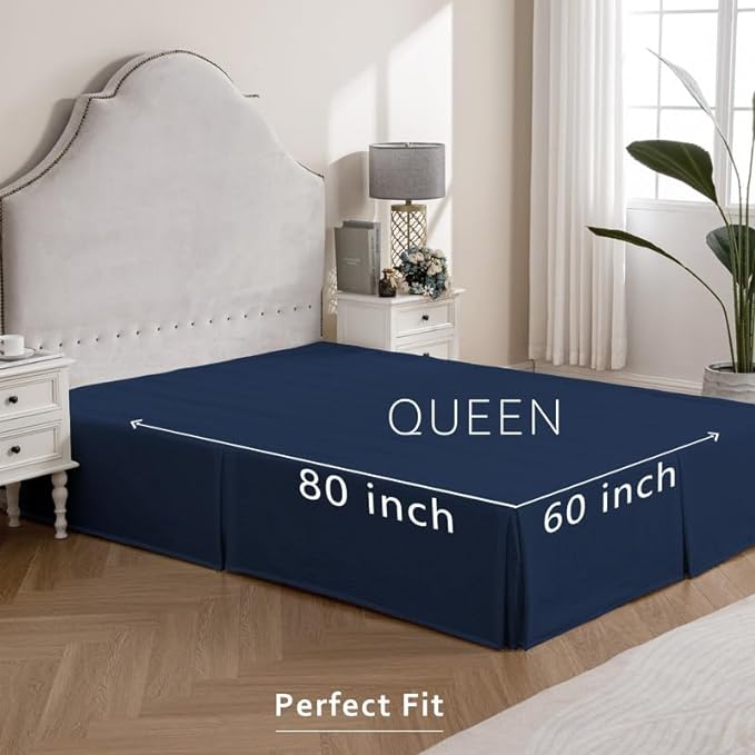 MIYE Pleated Waffle Weave Bed Skirt, Tailored Dust Ruffle 12 Inch Drop Easy Fit, Machine Washable (Navy Blue, Queen - 12" Drop)