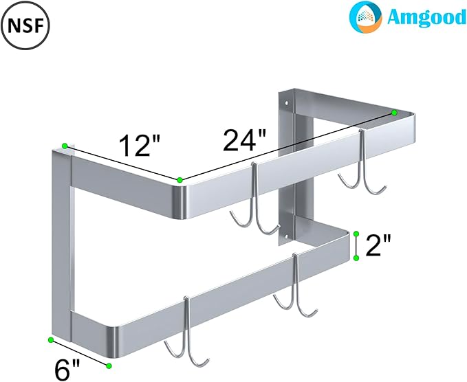 AmGood 24 in. Wall-Mounted Stainless Steel Double-Line Pot Rack. Includes 4 double pring hooks