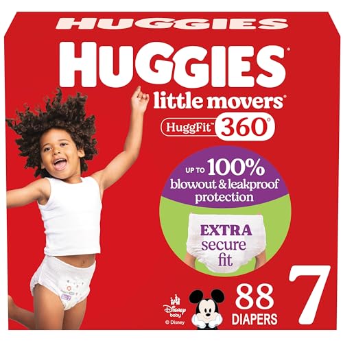 Huggies Size 7 Baby Diapers, Little Movers HuggFit 360° Baby Diapers with 360° Waistband, Size 7 (41+ lbs), 88 Count (2 Pa...