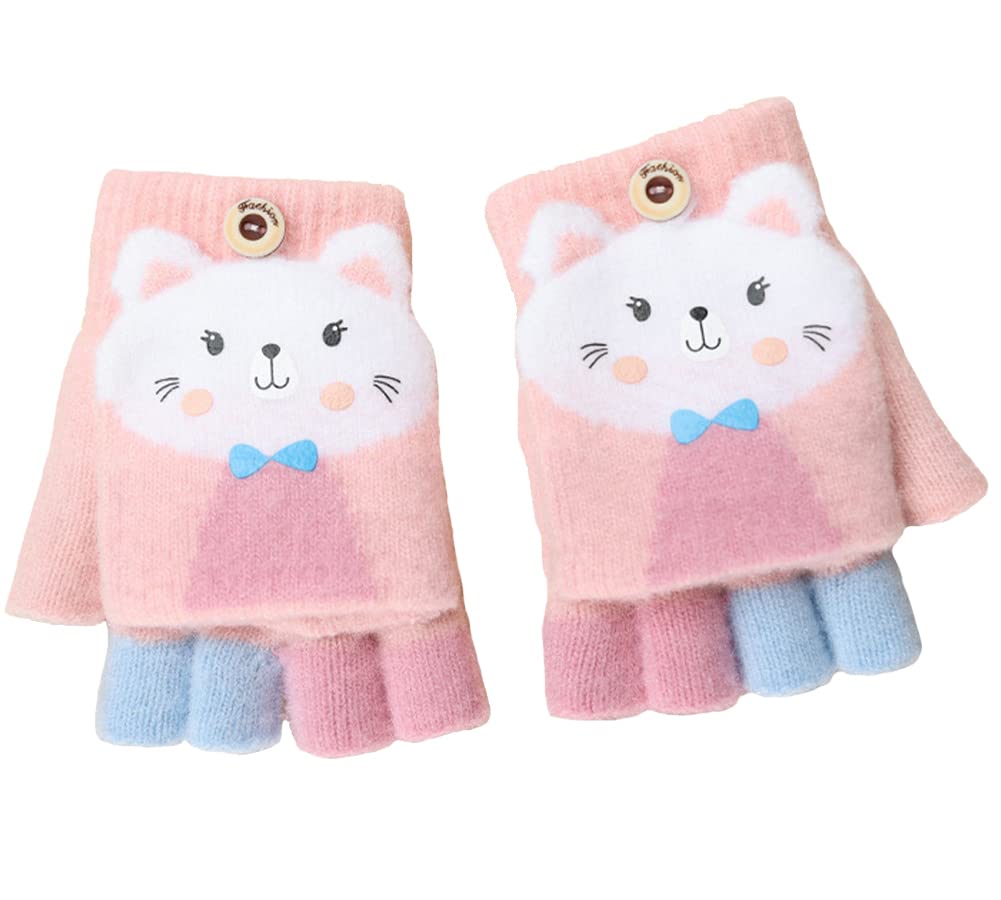 Cartoon Convertible Flip Top Gloves Toddler Kids Winter Wool Knit Fingerless Gloves with Mitten Cover for Girls Boys 2-15 Yrs (Pink Cat Kitten, For Girls boys 4-12 Years)