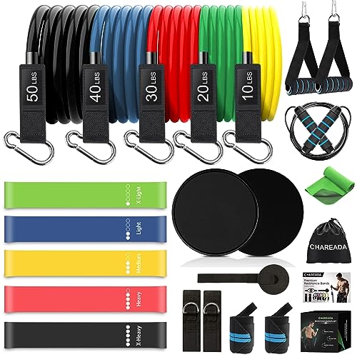 23 Pack Resistance Bands Set Workout Bands, 5 Stackable Exercise Bands 5 Loop Resistance Bands 2 Core Sliders, Door Anchor...