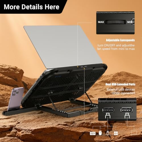 Laptop Cooling Pad with 3 Quiet Fans, 5-Level Height Adjustable Ergonomic Stand, 2 USB Ports & Phone Holder, Fits 12-17 In...