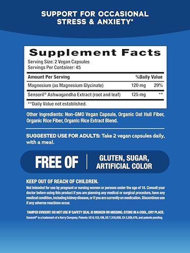 Natural Vitality Calm Ashwagandha + Magnesium Glycinate Capsules | Support for Occasional Stress & Anxiety | Gluten Free S...